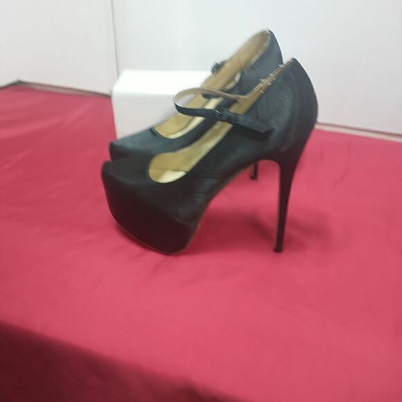 Victoria Colasanto SZ 8.5 Black Satin/ Gold High Heel Pole Shoes Stilettos .